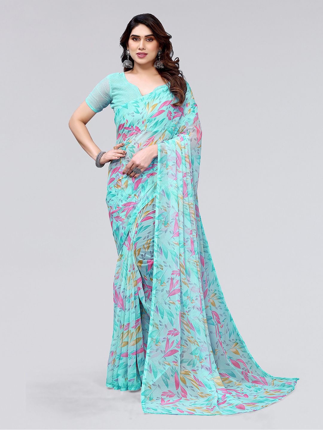 

KALINI Floral Printed Saree, Turquoise blue