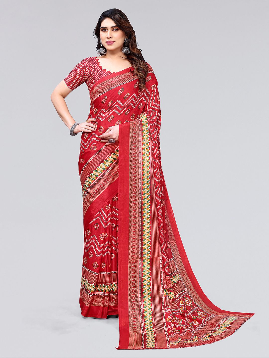 

KALINI Geometric Printed Saree, Red