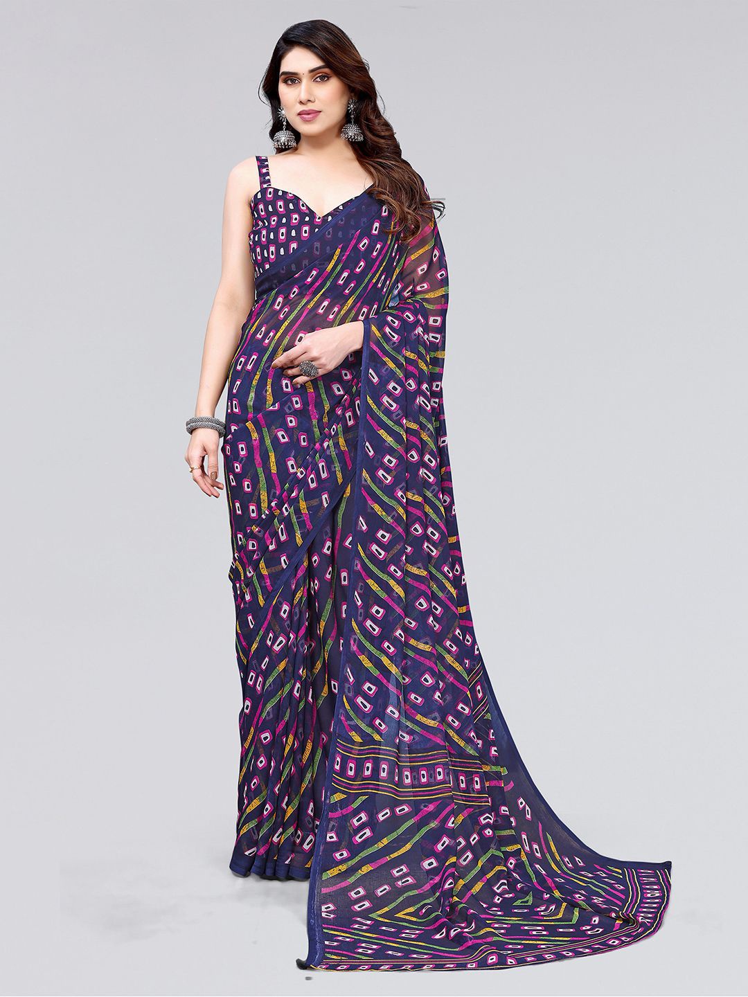 

KALINI Geometric Printed Saree, Navy blue