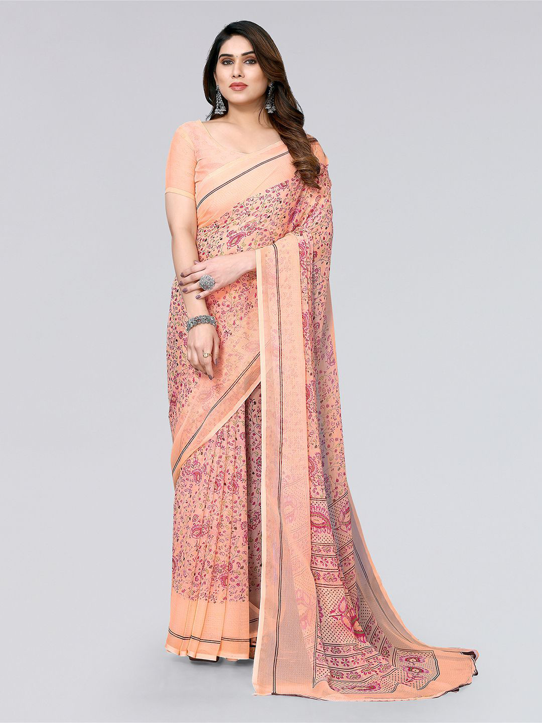 

KALINI Floral Printed Saree, Peach