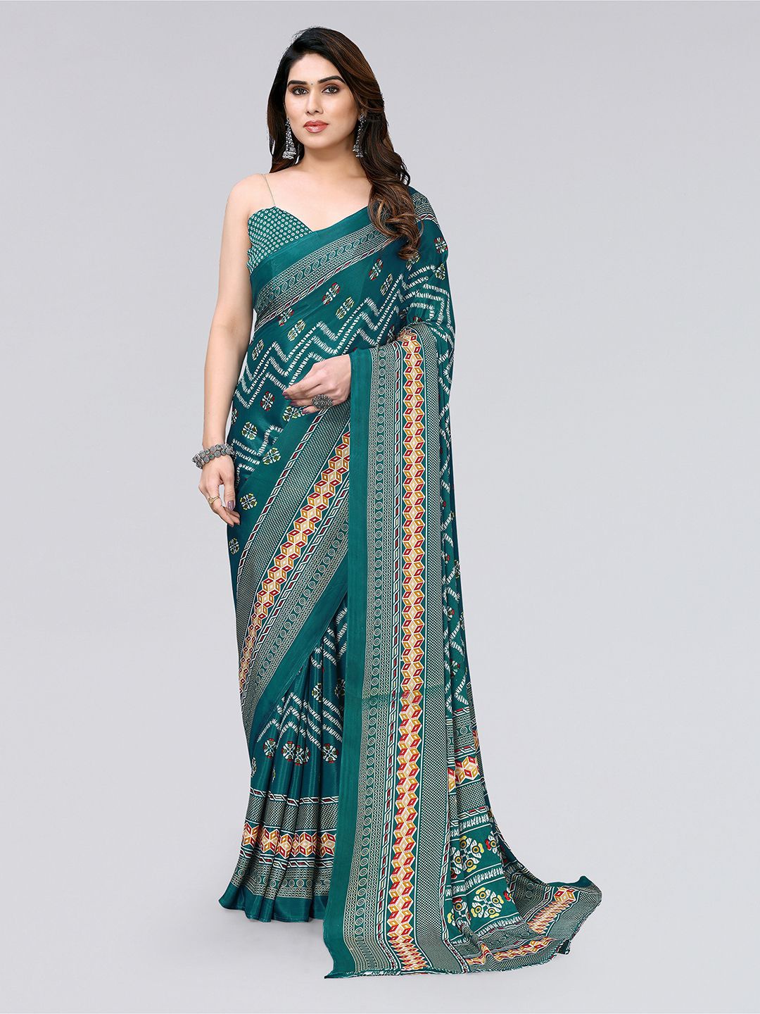 

KALINI Geometric Printed Saree, Teal