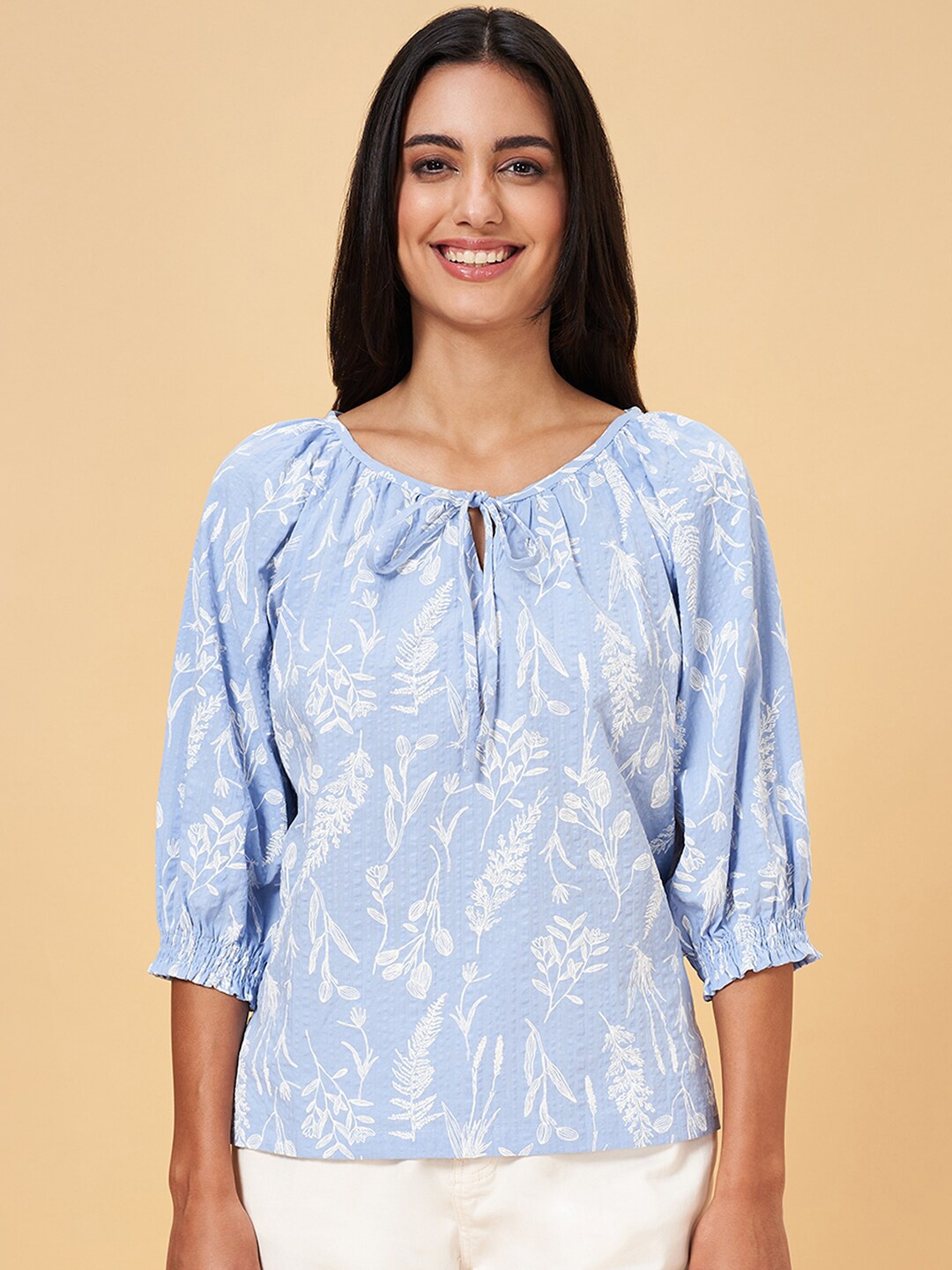 

Honey by Pantaloons Floral Print Tie-Up Neck Cotton Top, Blue