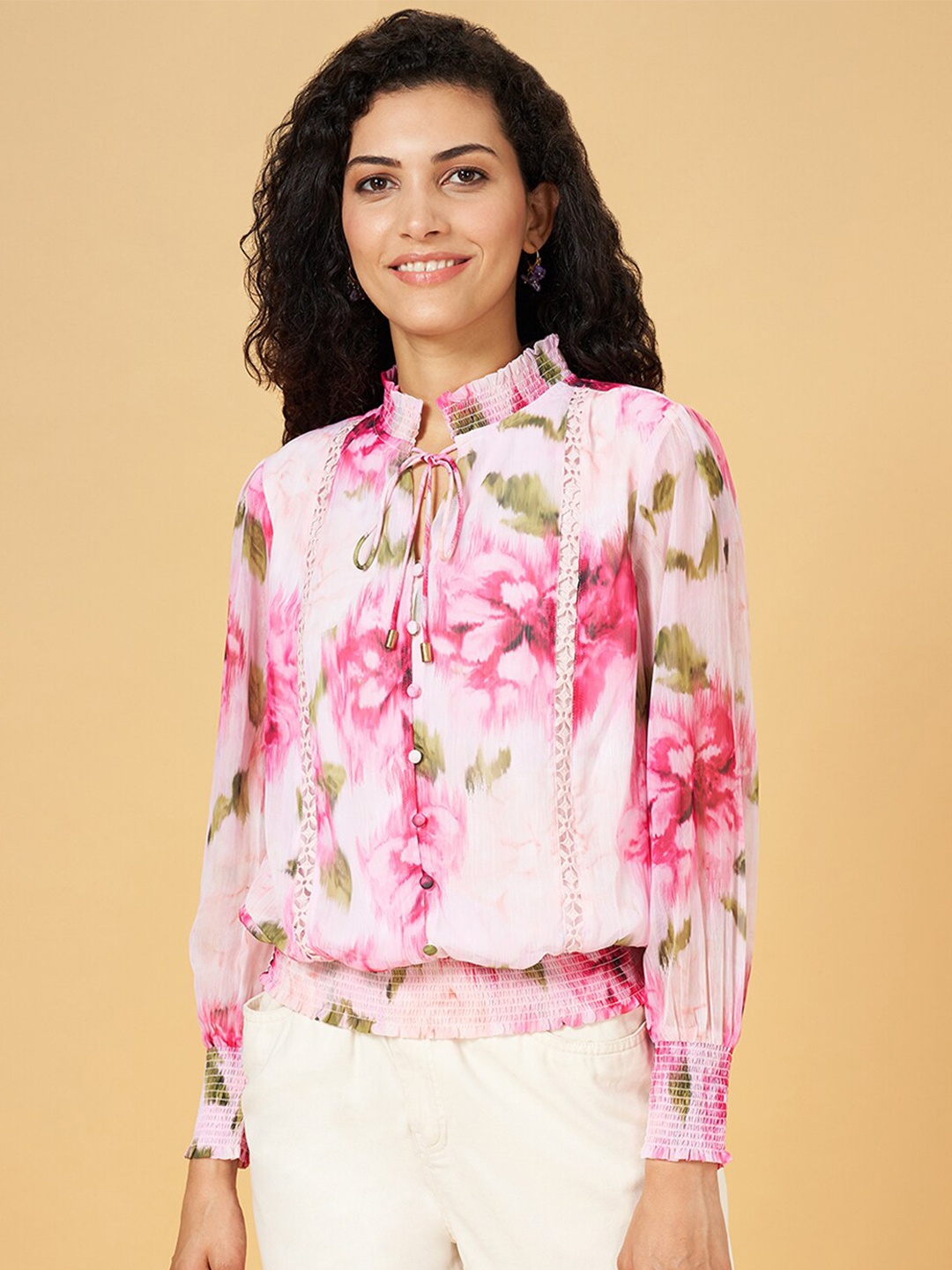 

Honey by Pantaloons Floral Print Tie-Up Neck Blouson Top, Pink