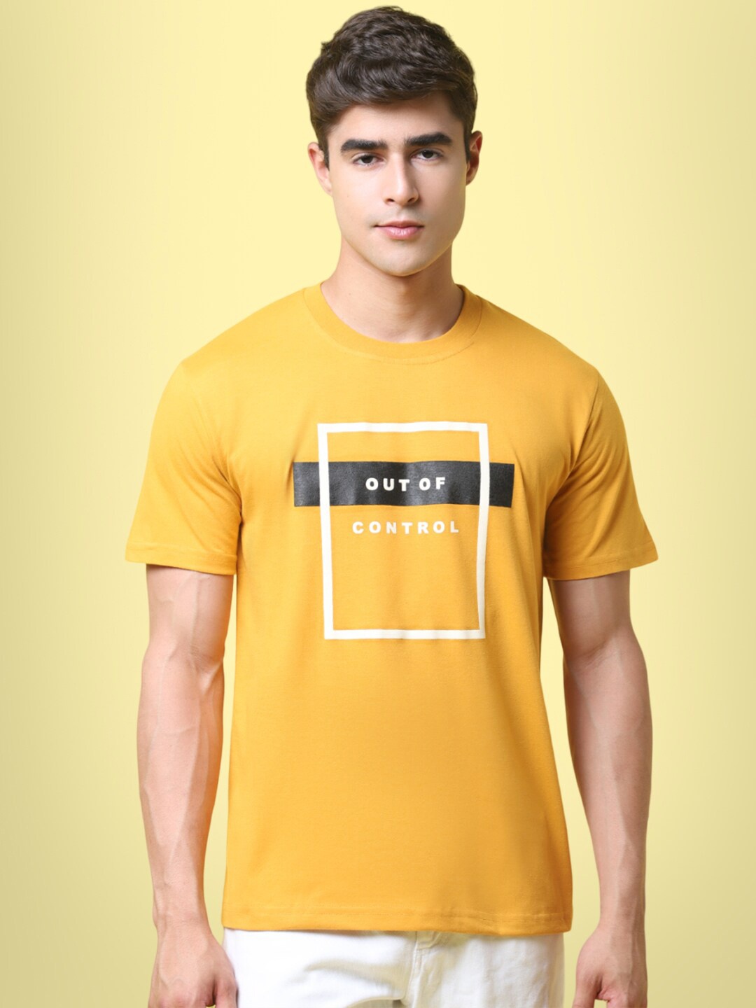 

7Threads Typography Printed Round Neck T-shirt, Yellow