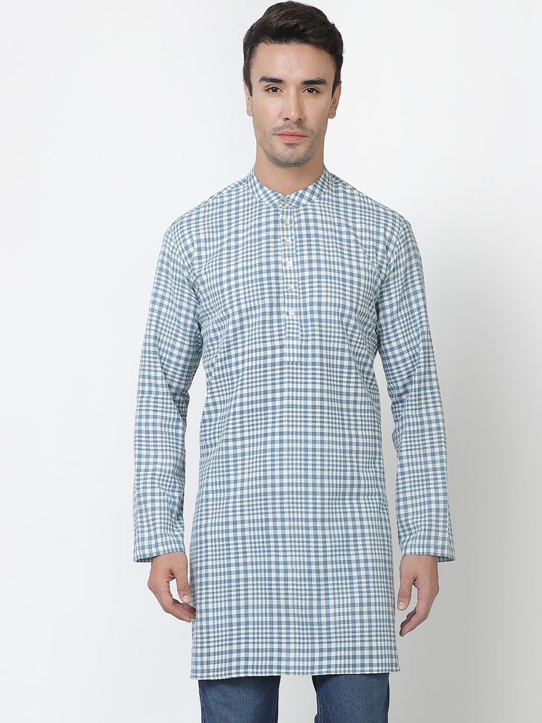 

Apanakah Checked Band Collar Organic Cotton Kurta, Blue