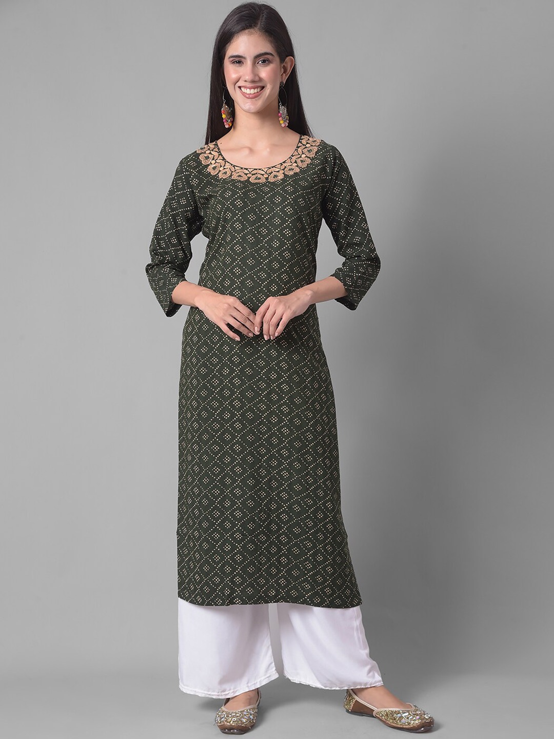 

Dollar Missy Geometric Printed Round Neck Straight Kurta, Green