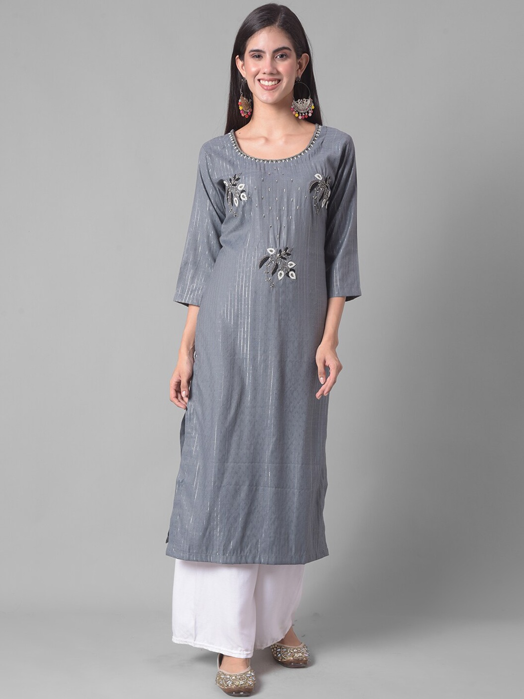 

Dollar Missy Striped Stone And Beaded Kurta, Grey