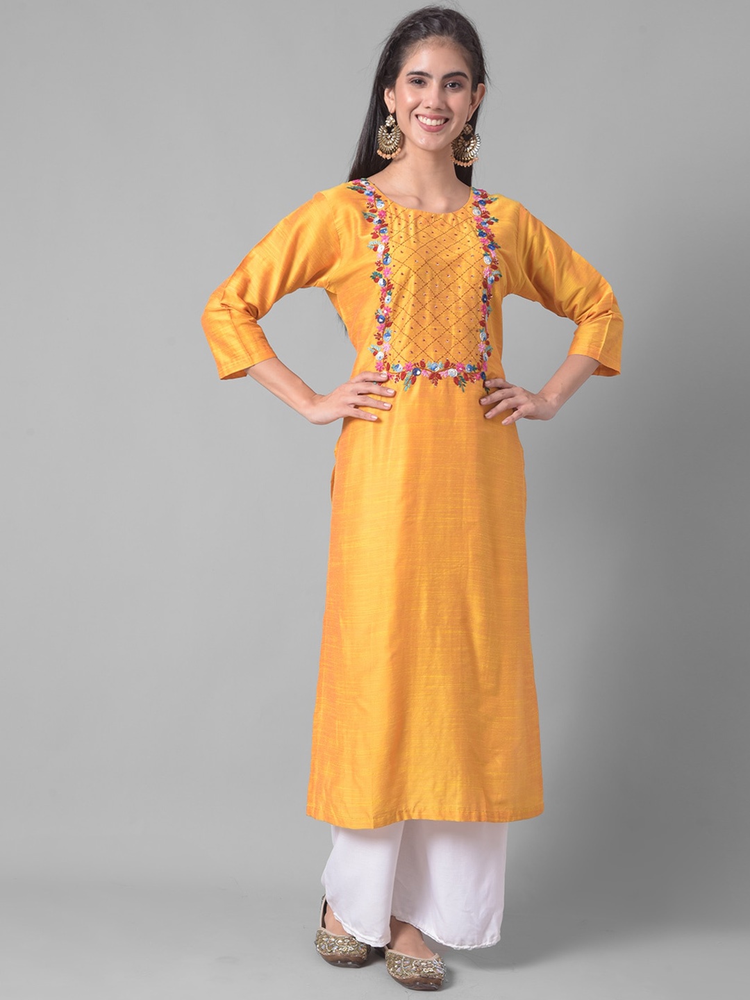 

Dollar Missy Ethnic Motifs Yoke Design Sequined Straight Kurta, Yellow
