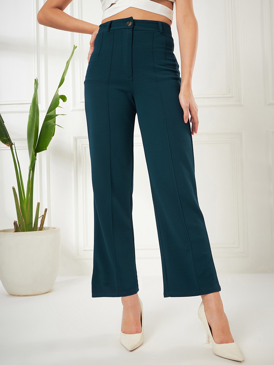 

Kibo Women Relaxed Straight Leg Straight Fit High-Rise Parallel Trousers, Teal