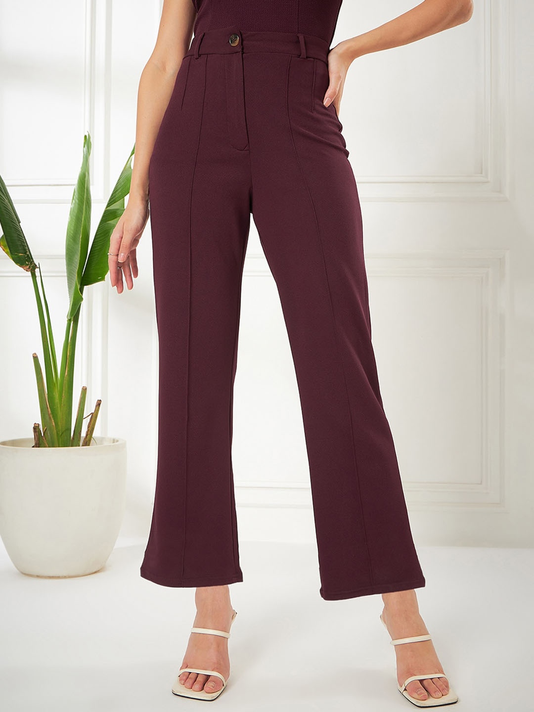 

Kibo Women Relaxed Straight Leg Straight Fit High-Rise Parallel Trousers, Maroon