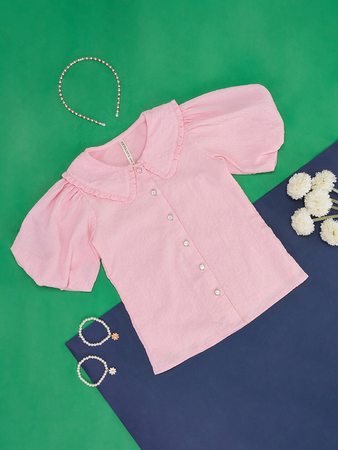 

Pantaloons Junior Girls Puff Sleeve Cotton Shirt Style Top, Pink