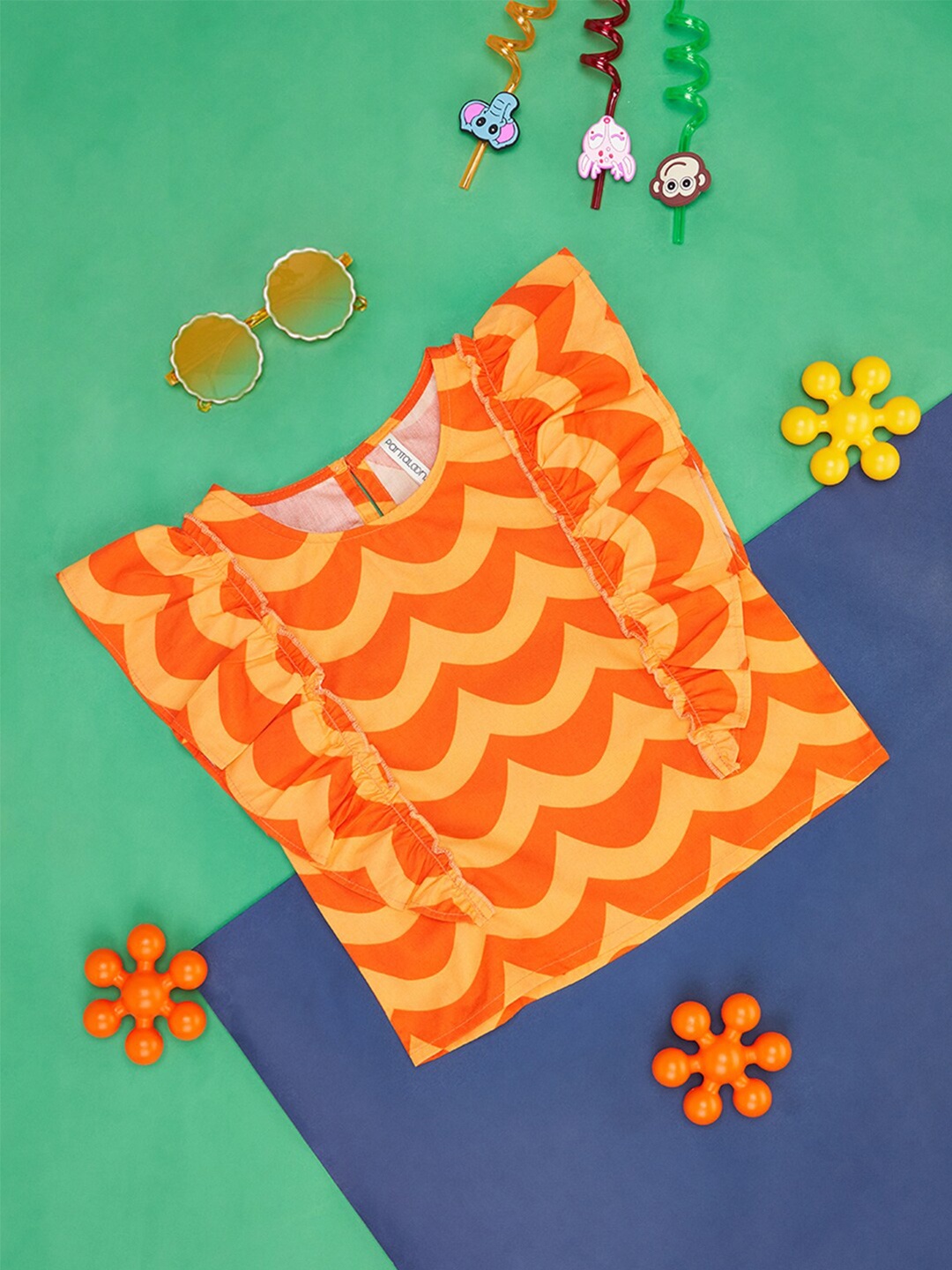 

Pantaloons Junior Girls Abstract Print Ruffled Cotton Top, Orange