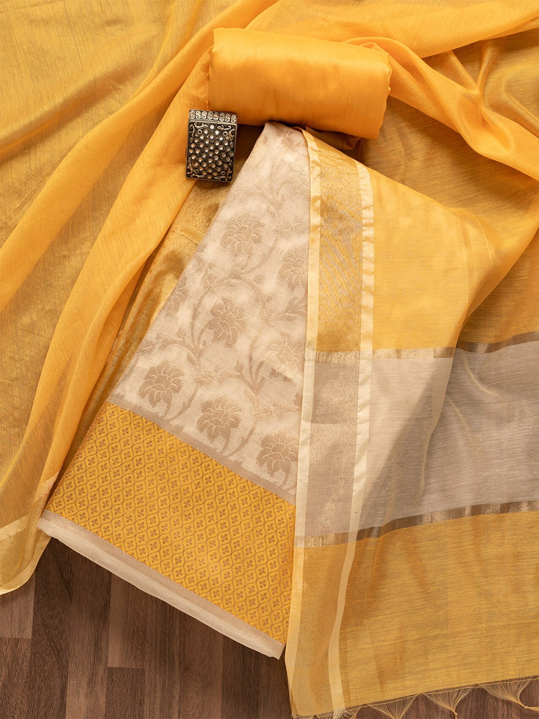 

Koskii Ethnic Motifs Woven Design Jute Silk Unstitched Dress Material, Gold
