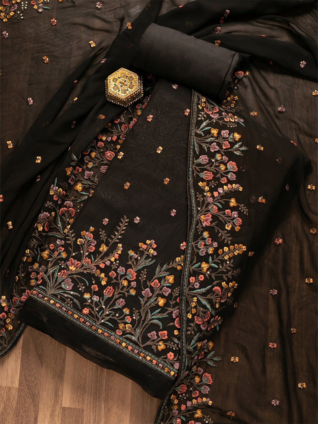 

Koskii Floral Embroidered Unstitched Dress Material, Black