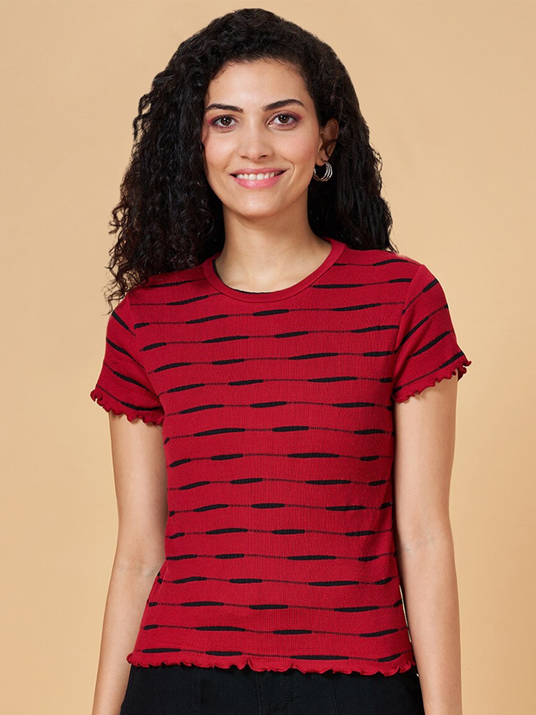 

People Striped Round Neck Top, Red