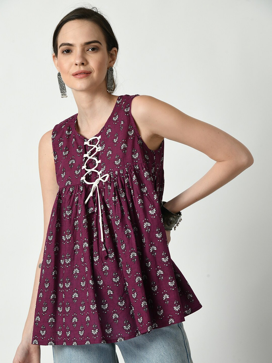 

Myshka Floral Printed Cotton Top, Brown