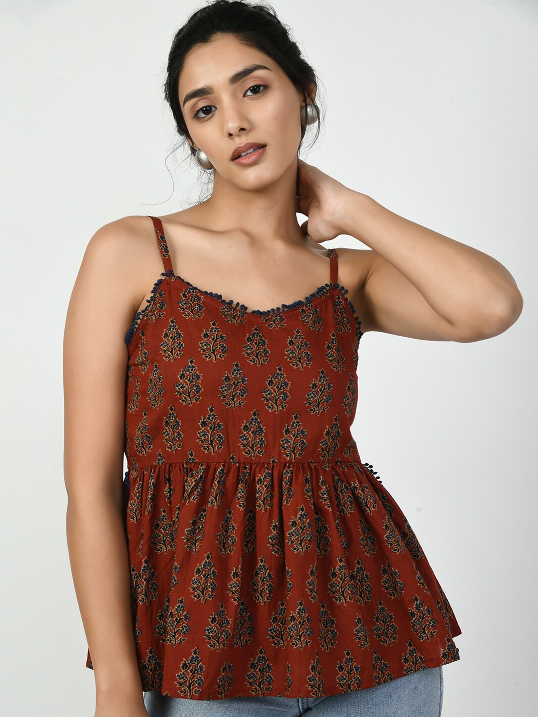 

Myshka Ethnic Motifs Printed Pure Cotton Empire Top, Rust