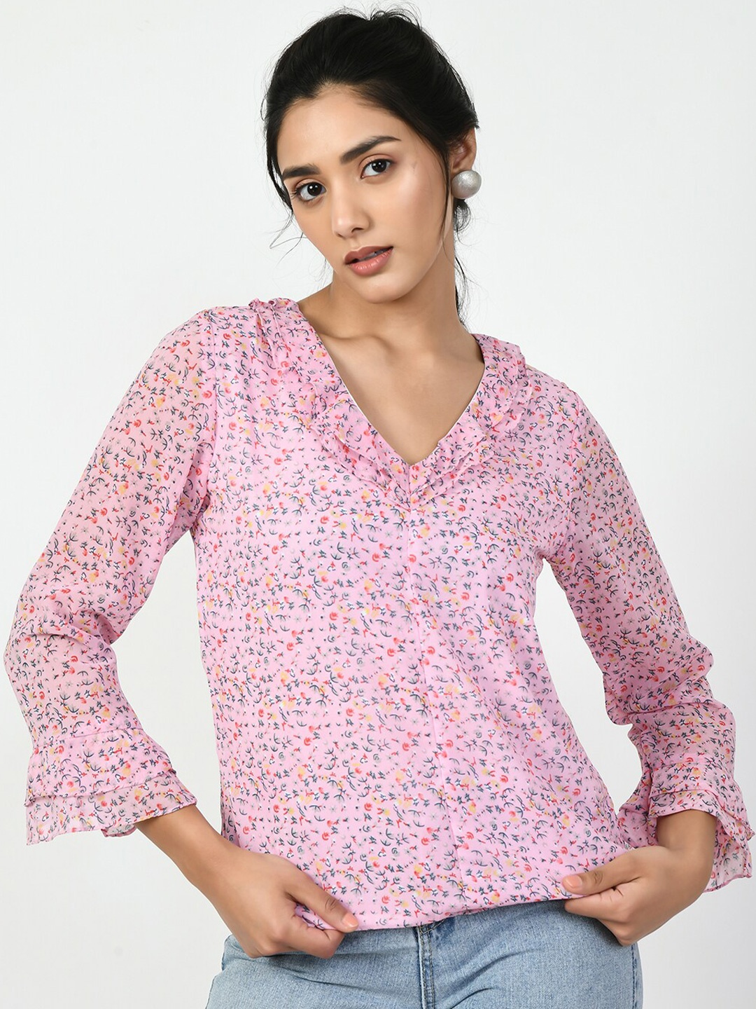 

Myshka Floral Printed Ruffles Georgette Top, Pink