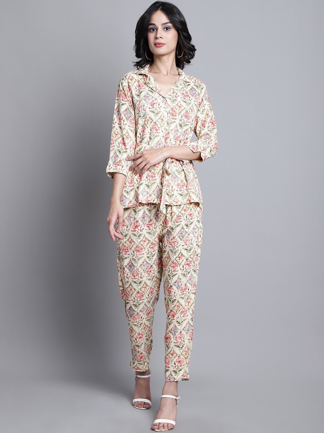 

KALINI Floral Printed Shirt With Trousers, Cream