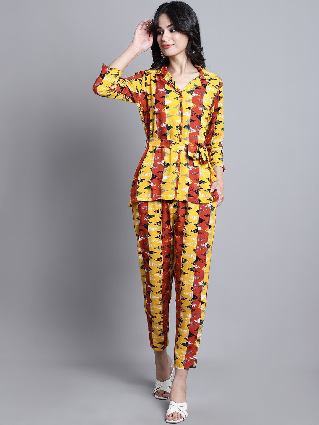 

KALINI Geometric Printed Shirt With Trousers Co-Ords, Yellow