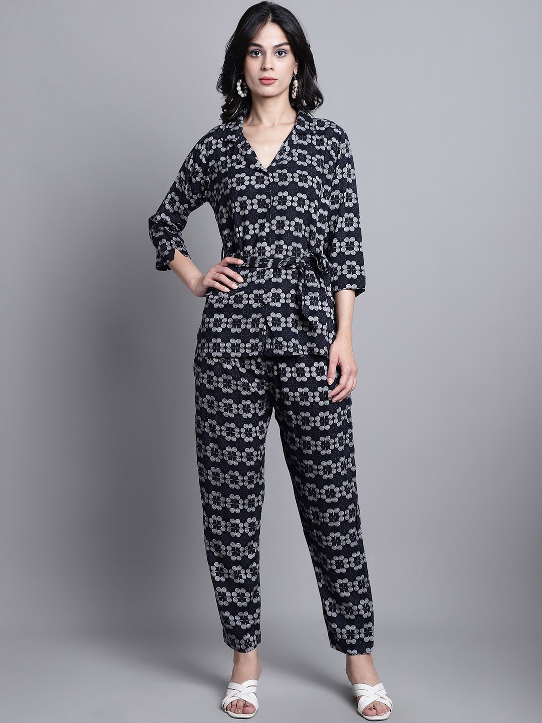 

KALINI Geometric Printed Shirt With Trousers Co-Ords, Navy blue