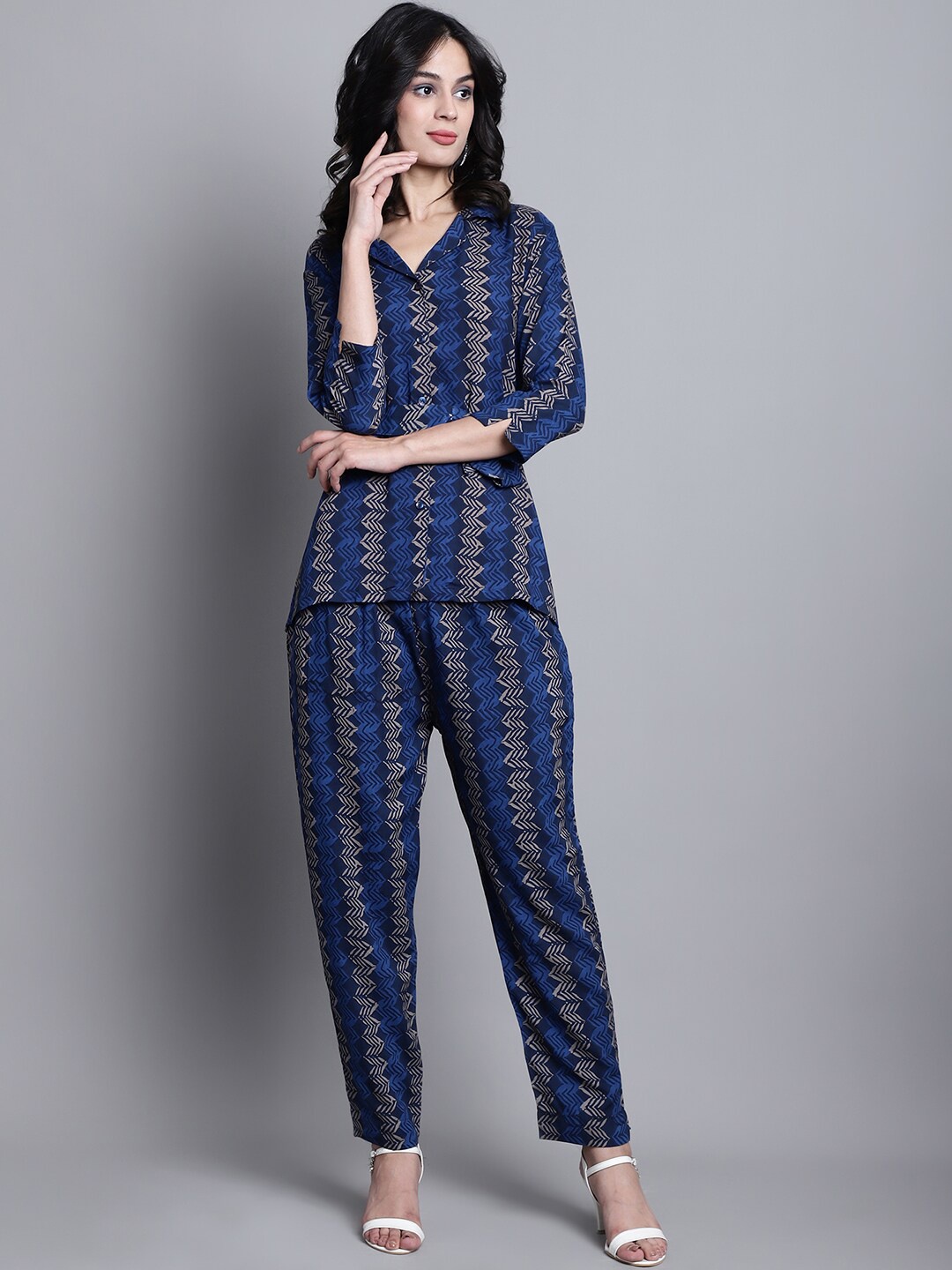 

KALINI Geometric Printed Shirt With Trousers Co-Ords, Blue