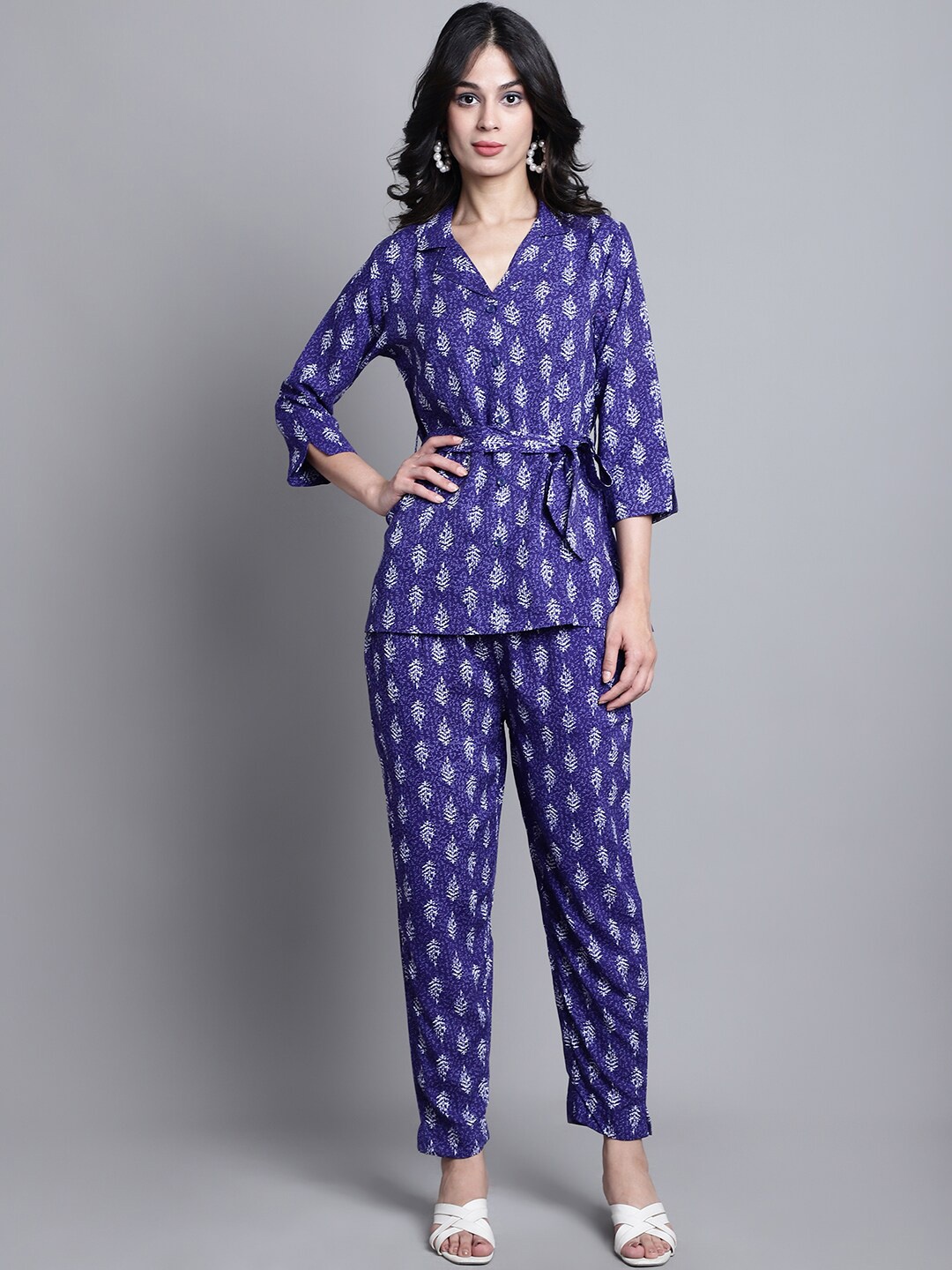 

KALINI Ethnic Motifs Printed Shirt With Trousers Co-Ords, Blue