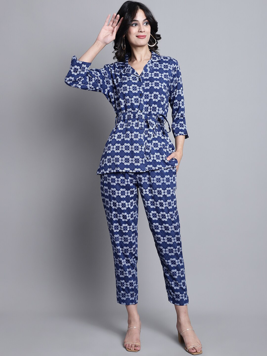

KALINI Geometric Printed Shirt With Trousers Co-Ords, Blue