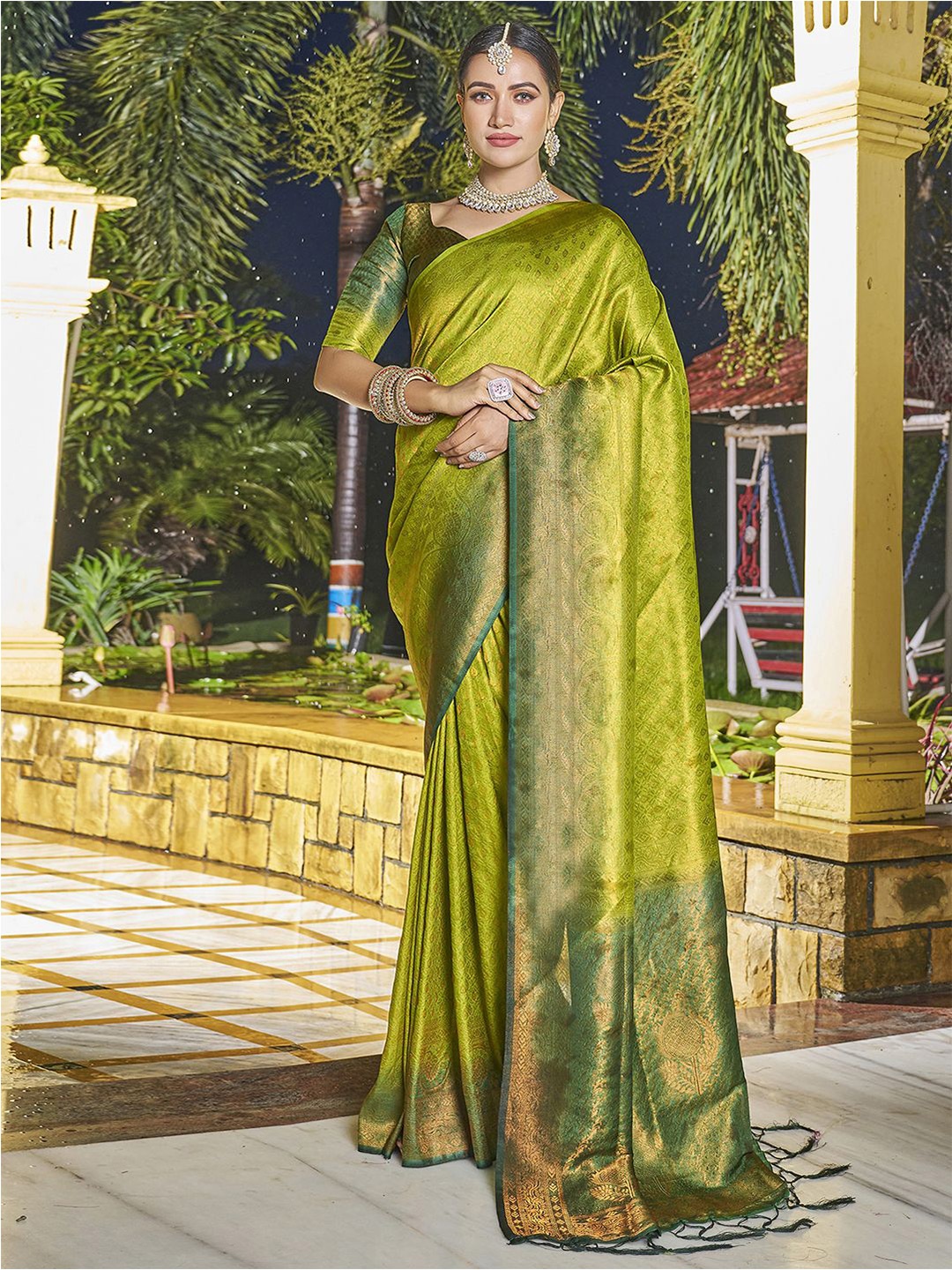 

Satrani Ethnic Motifs Woven Design Zari Art Silk Saree, Olive