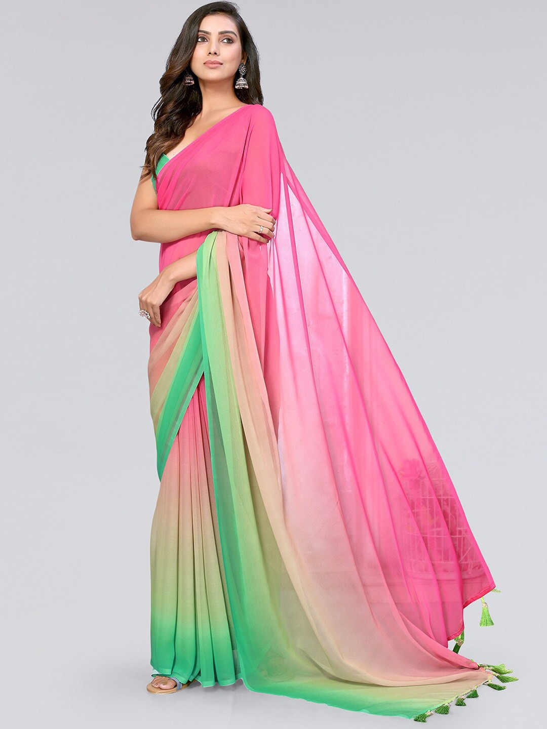 

Satrani Pink & Green Ombre Saree With Blouse Piece