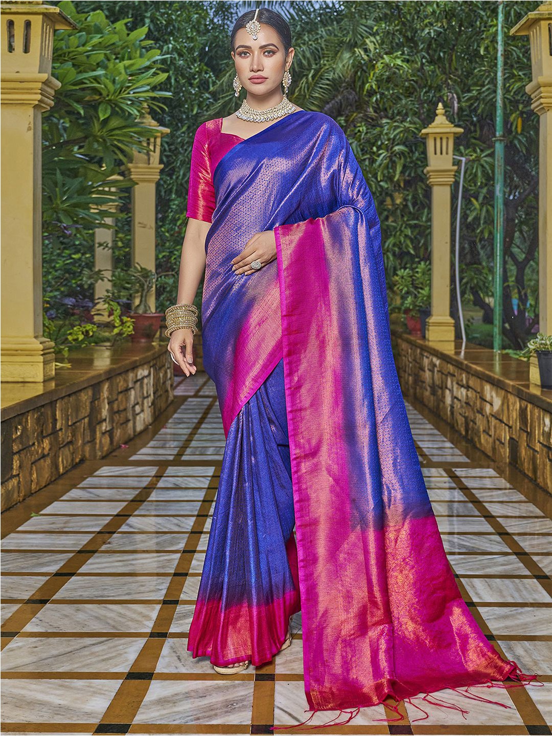 

Satrani Ethnic Motifs Woven Design Zari Art Silk Saree, Blue