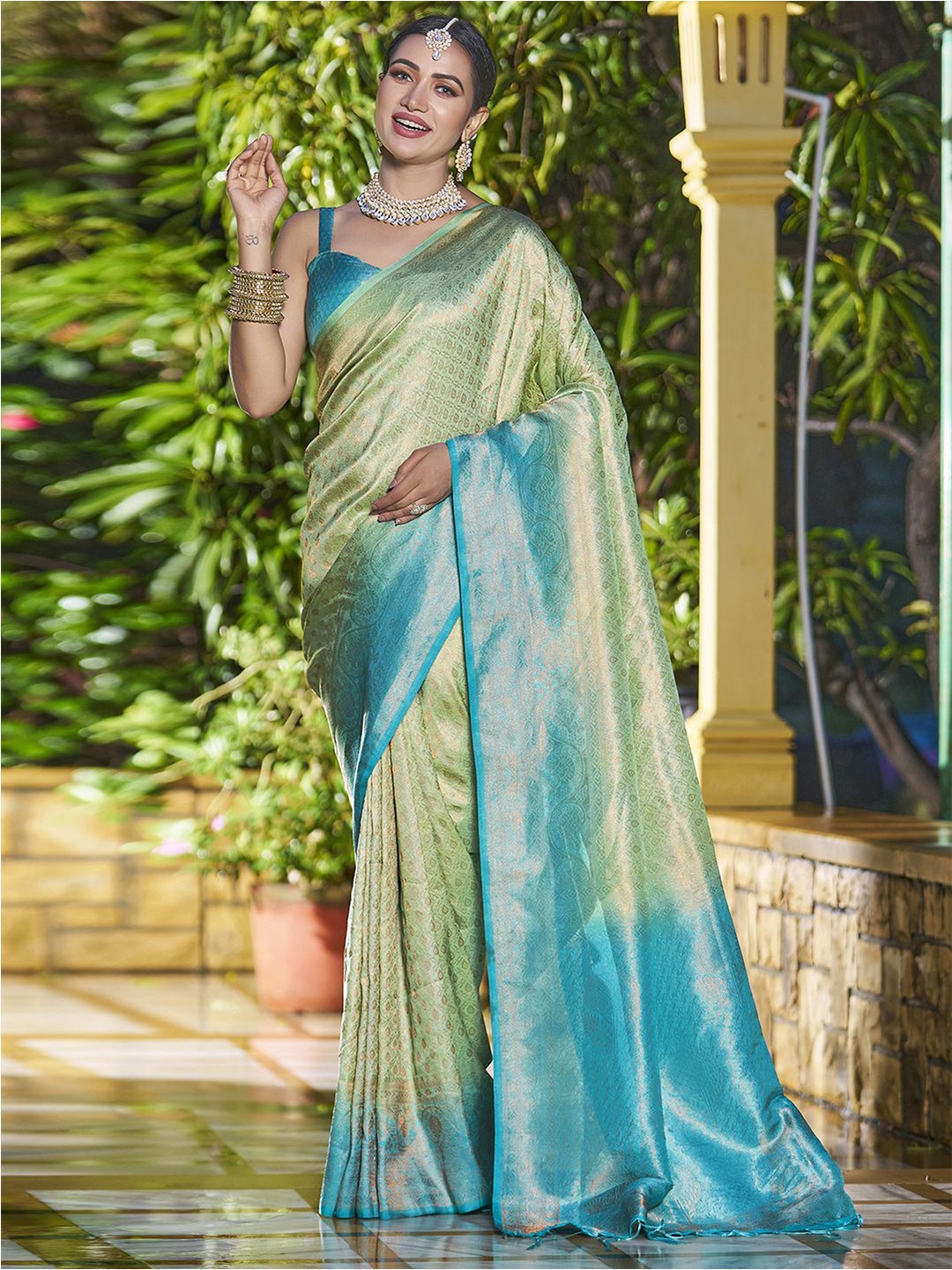 

Satrani Ethnic Motifs Woven Design Zari Art Silk Saree, Lime green