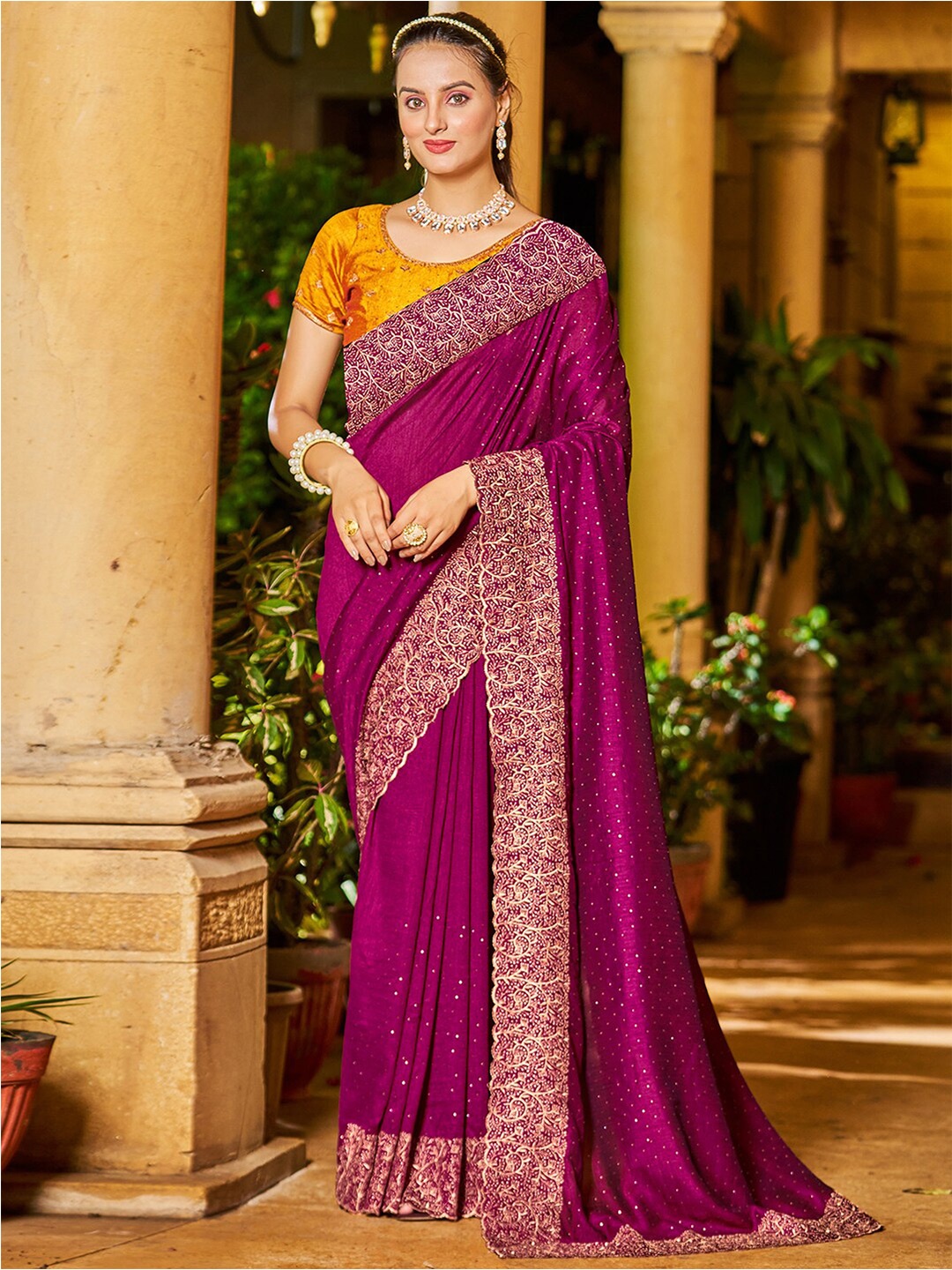 

Satrani Embellished Embroidered Saree, Purple