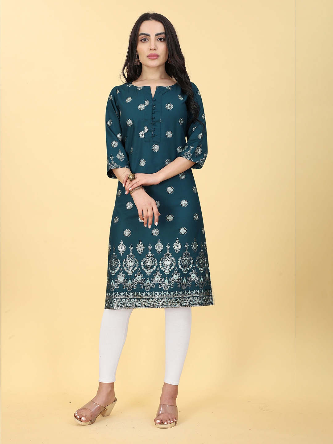 

BAESD Foil Printed Round Neck Straight Kurta, Turquoise blue