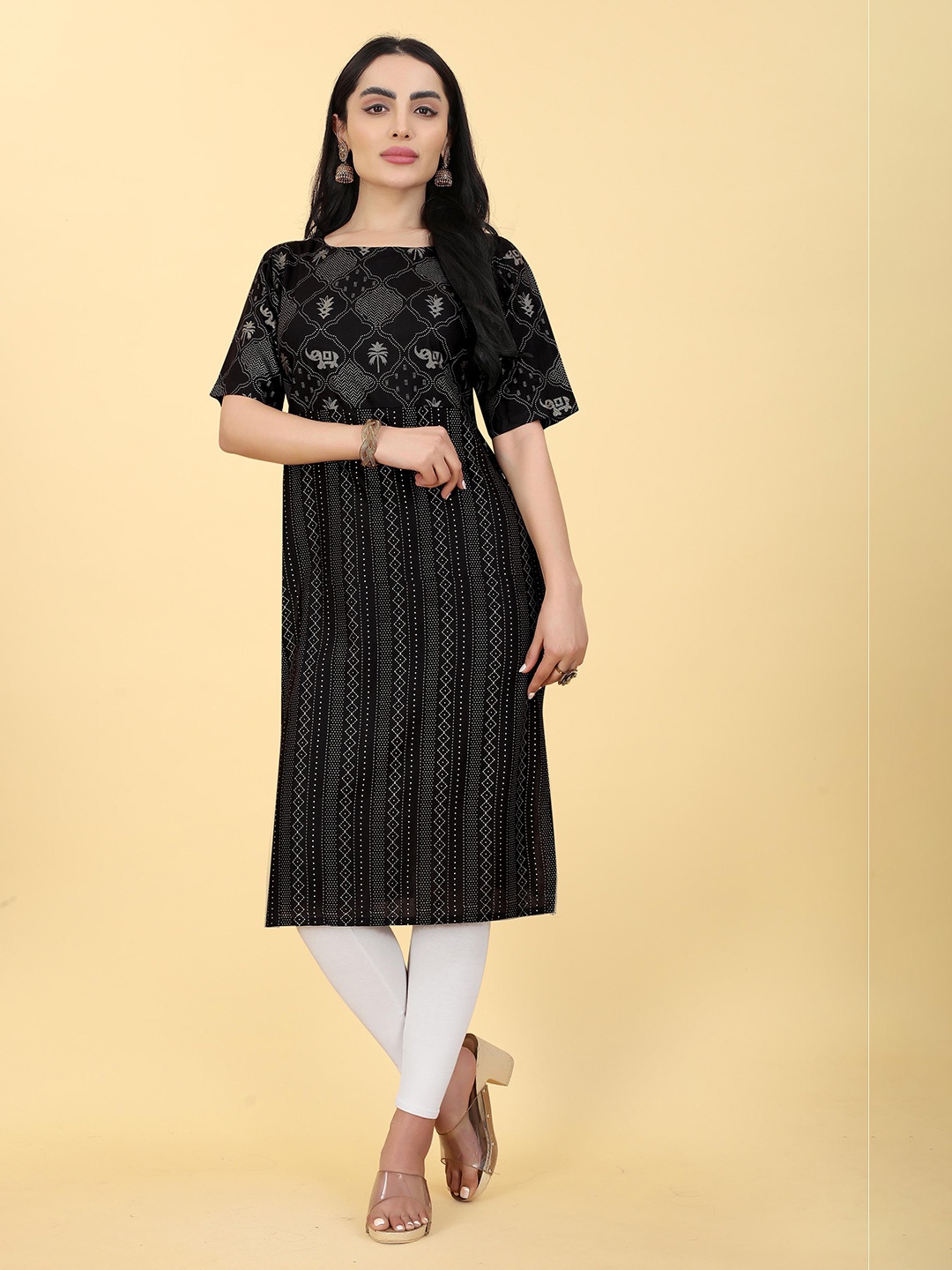 

BAESD Ethnic Motifs Printed Round Neck Straight Kurta, Black