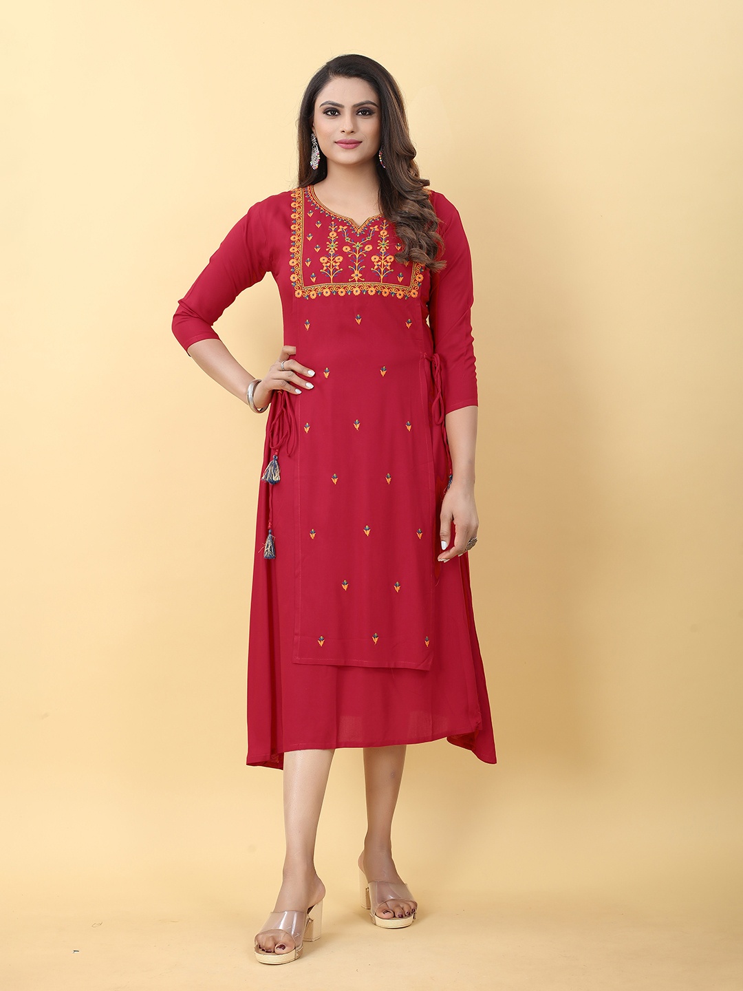 

BAESD Embroidered Thread Work A-Line Midi Ethnic Dress, Red