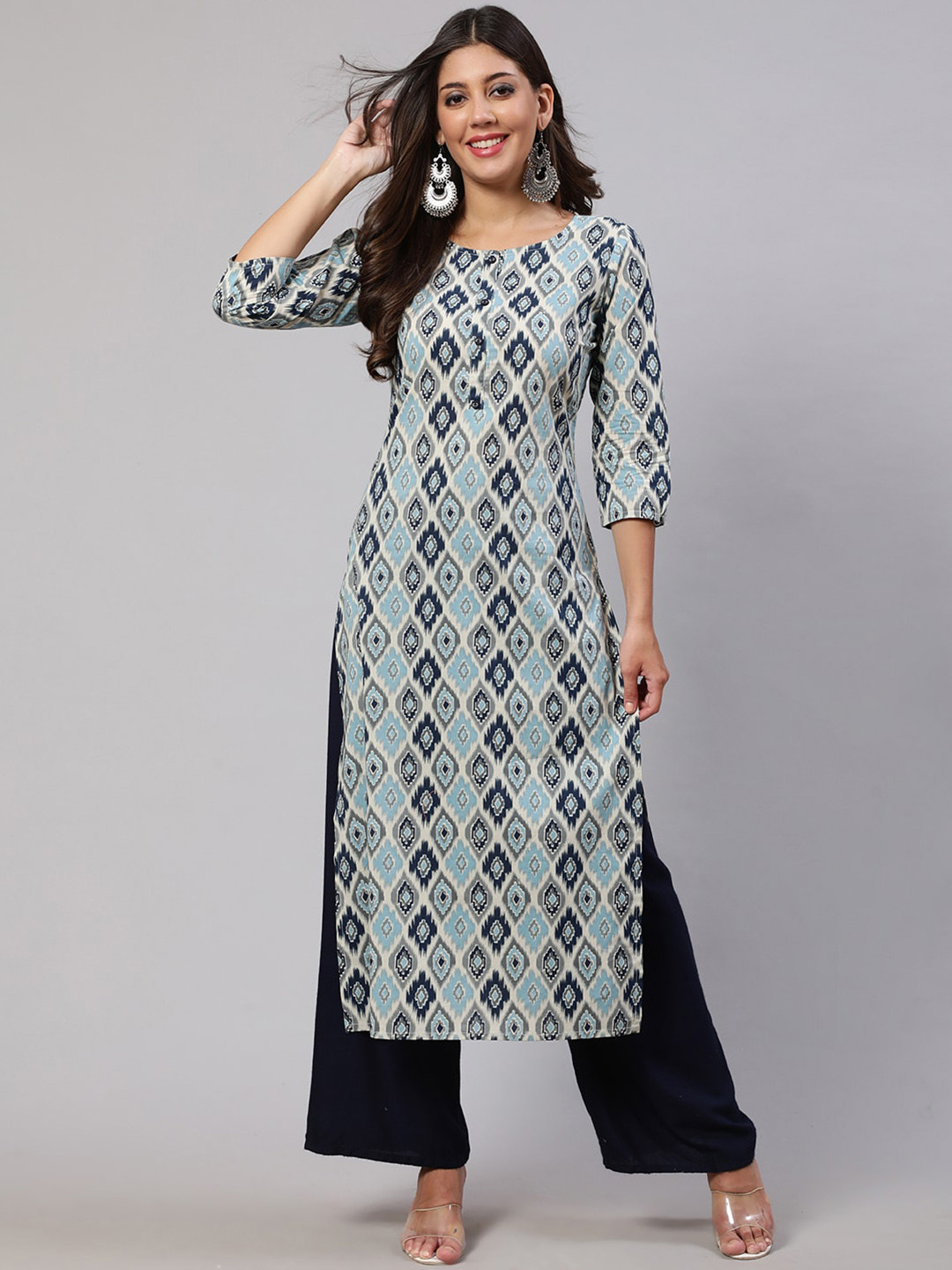 

Nayo Blue Geometric Printed Round Neck Pure Cotton Kurta