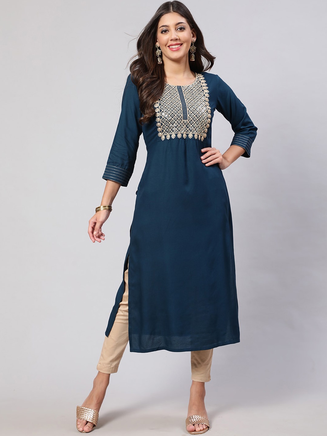 

Nayo Teal Blue Yoke Design Embroidered Round Neck Kurta