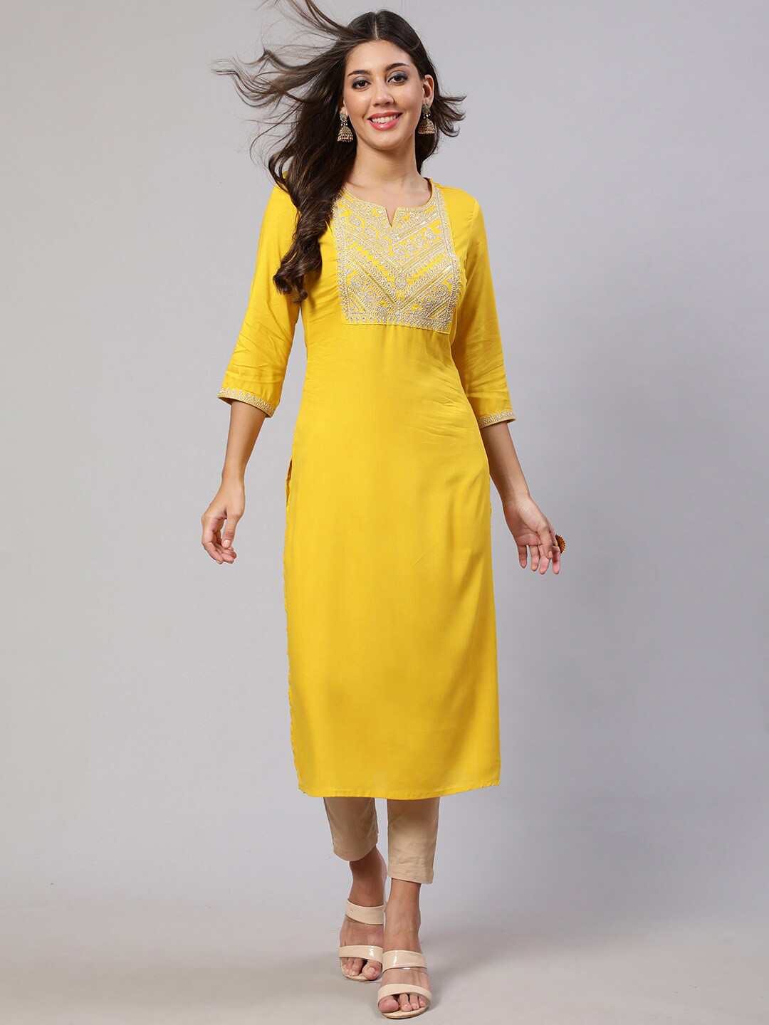 

Nayo Yellow Yoke Design Embroidered Round Neck Kurta