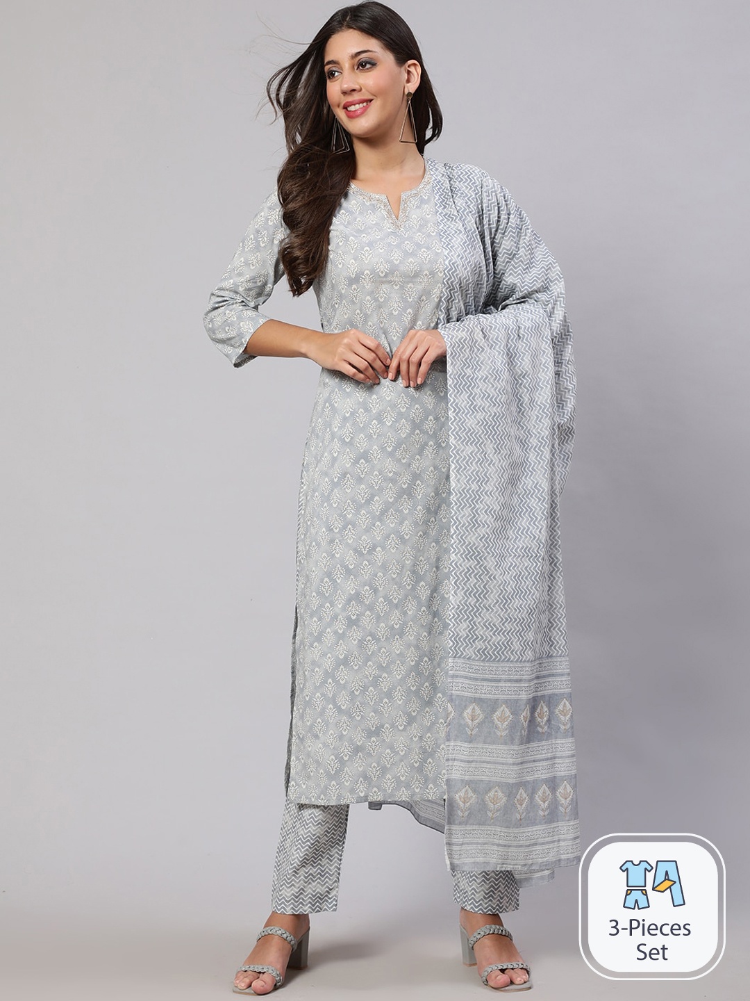 

Nayo Grey Ethnic Motifs Printed Pure Cotton Kurta with Trousers & Dupatta