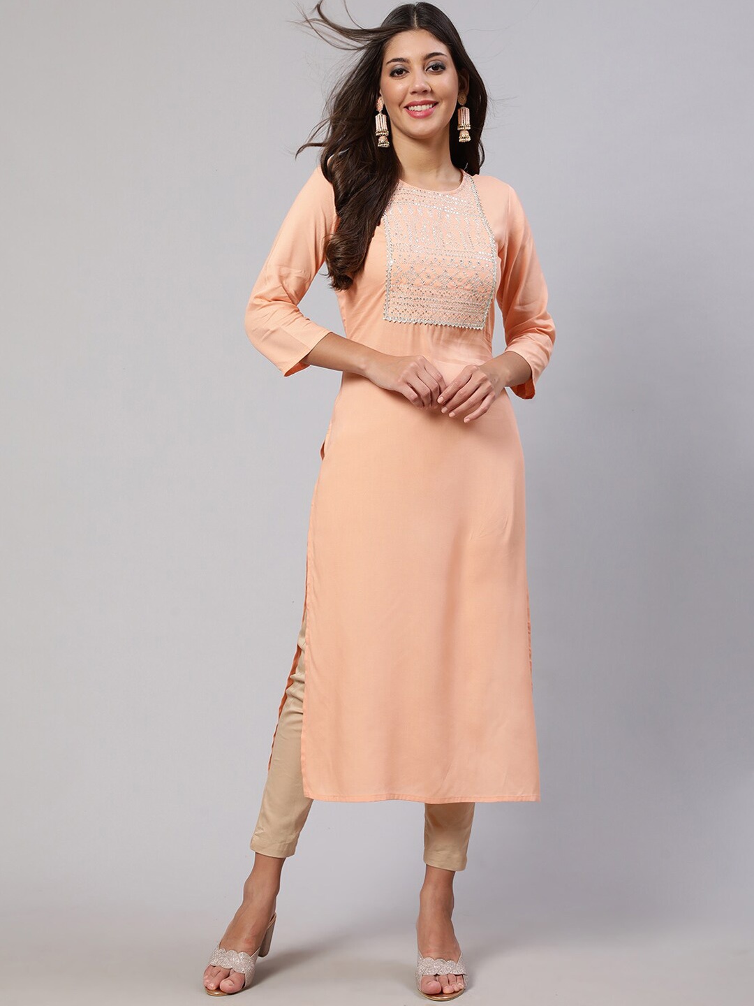 

Nayo Peach-Coloured Yoke Design Embroidered Round Neck Kurta
