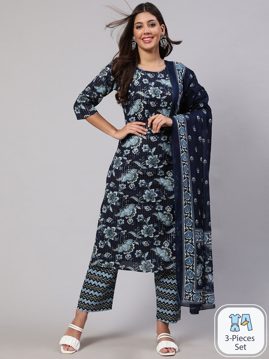 

Nayo Blue Floral Printed Pure Cotton Kurta with Trousers & Dupatta