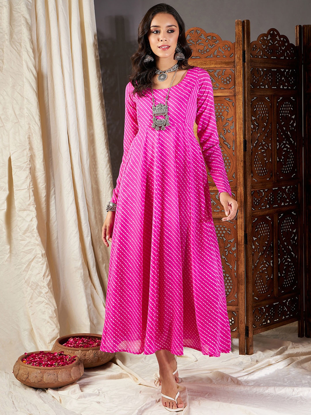 

Shae by SASSAFRAS Pink Striped Georgette Fit & Flare Maxi Dress