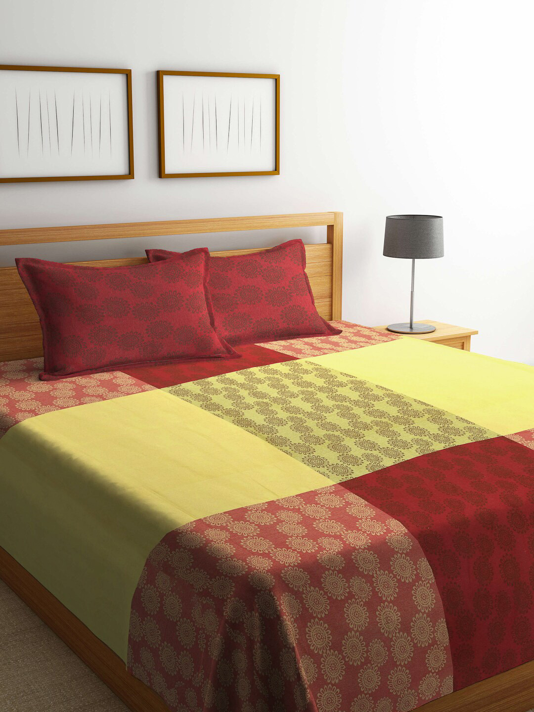 

FABINALIV Yellow & Red Printed Pure Cotton Double King Bed Cover with 2 Pillow Covers