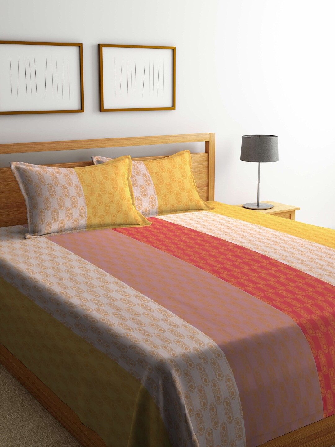 

FABINALIV Printed & Striped Pure Cotton 1 Single Bedsheet with 1 Pillow Cover, Yellow