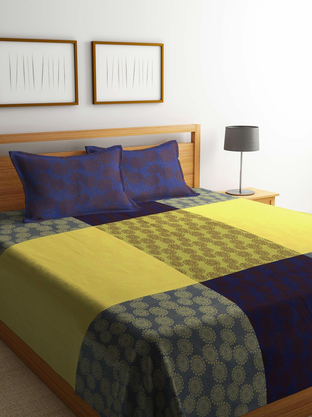 

FABINALIV Lime Green & Navy Blue 350 TC Pure Cotton King Bedcover with 2 Pillow Covers