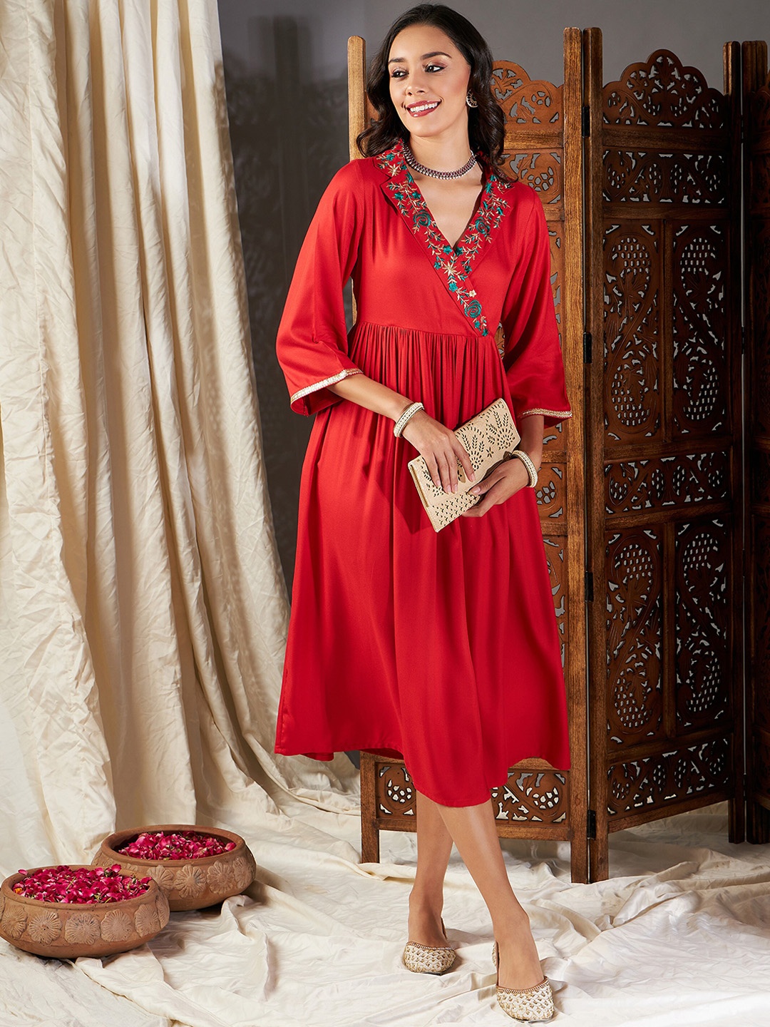 

Shae by SASSAFRAS Red Notched Lapel Collar Embroidered Fit and Flare Midi Dress