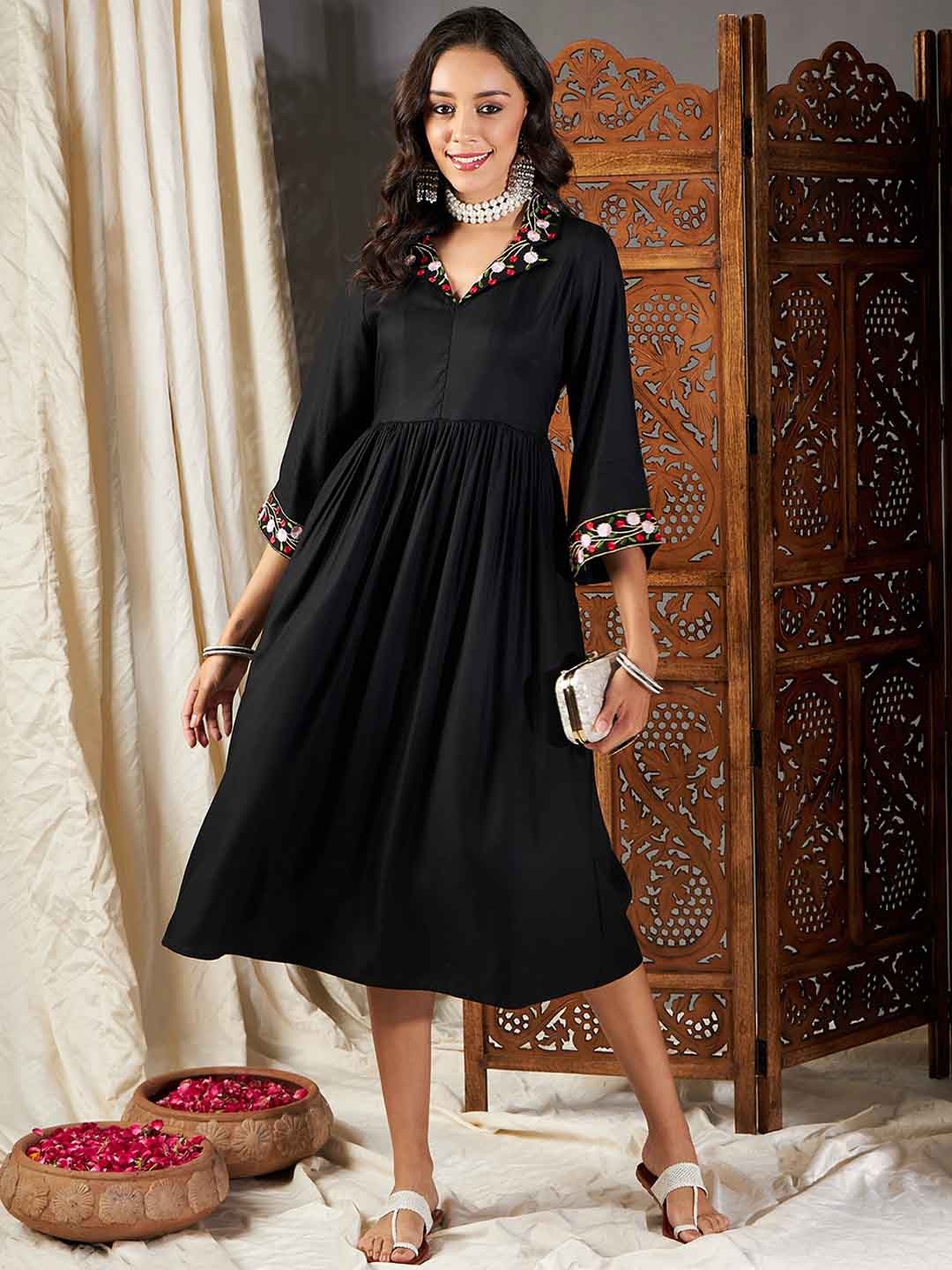 

Shae by SASSAFRAS Black Notched Lapel Collar Embroidered Fit and Flare Midi Dress
