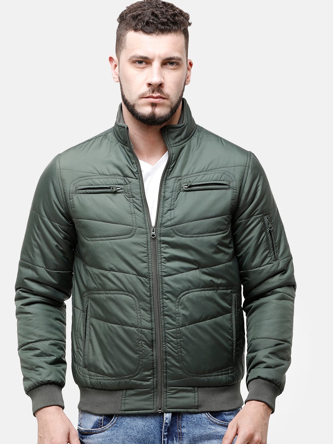 

HOUSE OF VEDAS Men Mock Collar Bomber Jacket, Olive