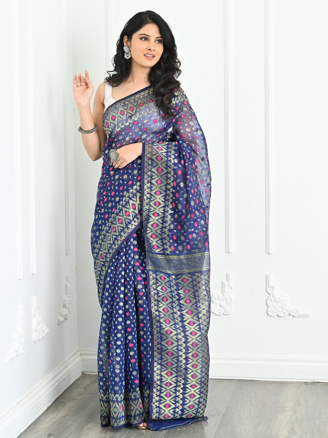 

BEATITUDE Ethnic Motifs Woven Design Jacquard Jamdani Saree, Blue